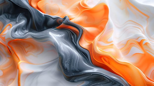 A closeup of a waterlike patterned gray and electric blue marbled fabric with swirls of orange, resembling fluid and liquid smoke art at a vibrant event