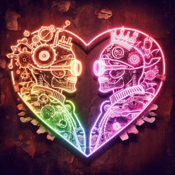 steampunk king and queen in love neon sign valentines illustration concept rusty background generative ai art