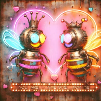 steampunk bee king and queen in love neon sign valentines illustration concept rusty background generative ai art