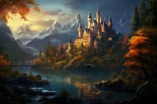 Ornate Fairytale castle. Travel nature sky. Generate Ai