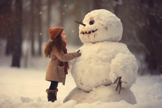 Determined Girl play big snowman. Carrot frost. Generate Ai