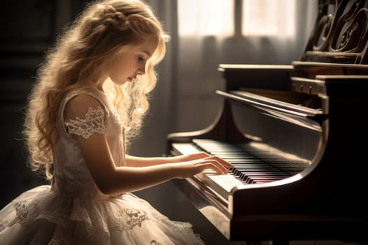 Emotional Girl plays piano in light. Kid play. Fictional person. Generate Ai