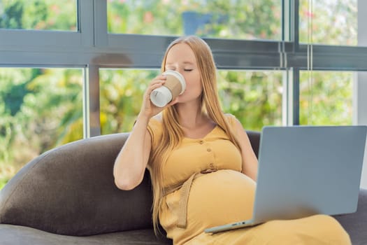 Tired pregnant woman at work drinks coffee. caution advised due to potential harm of caffeine during pregnancy.