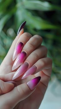 Close up of a womans hand showcasing long pink nails, demonstrating proper nail care with a vibrant nail polish. The gesture showcases the beauty of the terrestrial plantinspired nails