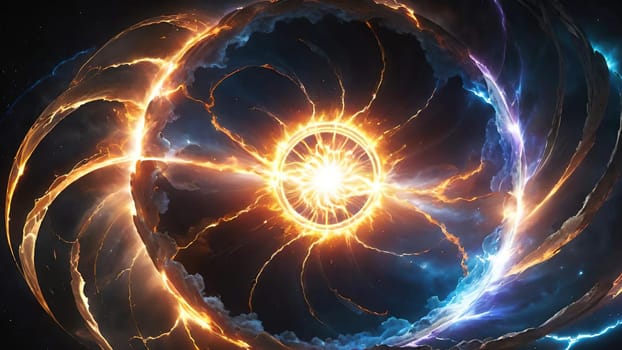 Futuristic abstract background for multiple projects such as science, music, art and technology. Circular energy explosion.Fiery circle on a dark background, computer generated abstract background.