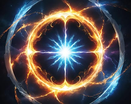 Futuristic abstract background for multiple projects such as science, music, art and technology. Circular energy explosion.Fiery circle on a dark background, computer generated abstract background.