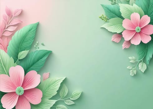 Floral background with pink flowers and green leaves. Vector illustration.Paper art floral background with pink flowers and green leaves.Spring background with pink flowers and green leaves. Beautiful floral background.Creative layout made of flowers and leaves on pastel green background. Flat lay, top view, copy space.