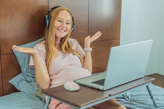 Pregnant woman working on laptop. Expectant woman efficiently works from home during pregnancy, blending professional commitment with maternal duties.