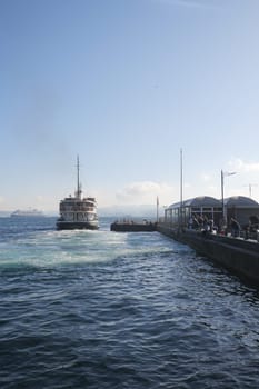 Turkey istanbul 18 july 2023. Transport ferry in the Bosphorus. Ferryboat carries passengers.