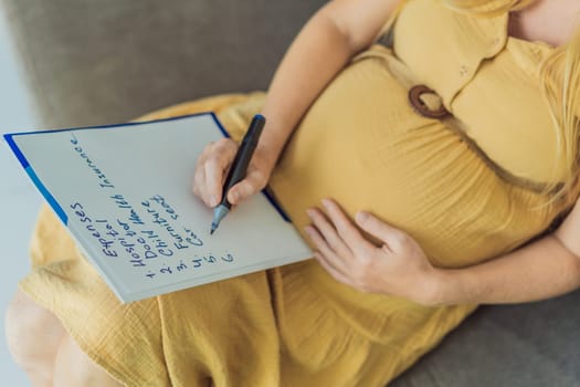 Expectant woman diligently compiles a list of childbirth costs, planning and organizing financial considerations for the upcoming delivery.