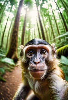 Close-up Animal in forest take selfie. interaction between wildlife and modern photography trends