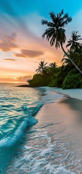 tropical beach view at sunset or sunrise with white sand, turquoise water and palm trees. Neural network generated image. Not based on any actual scene or pattern.