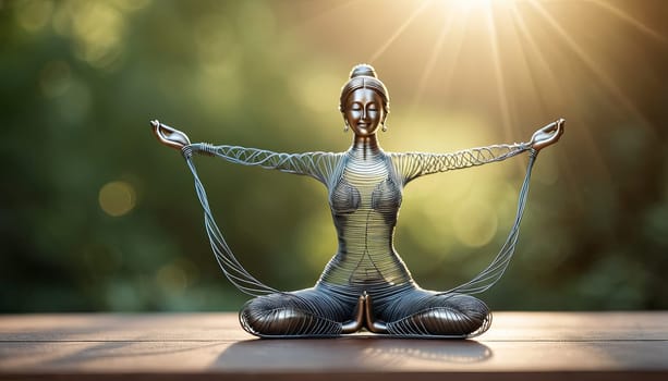 Woman in yoga pose, bent wire figure on nature backdrop, Creative figures symbol of tranquility, art and serenity intersection