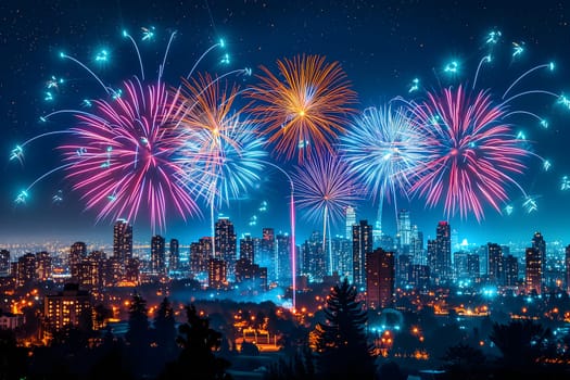A spectacular image of fireworks illuminating the night sky over a city. Neural network generated in January 2024. Not based on any actual scene or pattern.