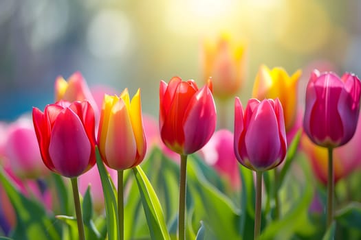 Beautiful Spring Nature background with tulip Flowers, selective focus. Vivid colors. Neural network generated in January 2024. Not based on any actual scene or pattern.