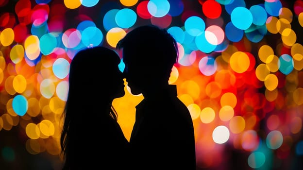 Silhouette of a couple with a colorful bokeh background. Neural network generated image. Not based on any actual person or scene.