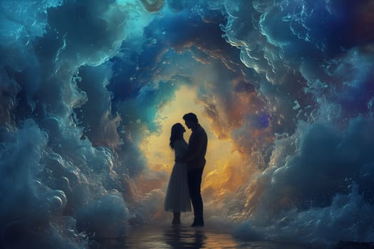 Man and woman embracing in surreal, colorful liquid fantasy dreamscape. Neural network generated image. Not based on any actual person or scene.