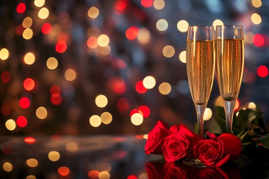 two glasses with sparkling wine or champagne and red roses on table with bokeh lights in the background for generic celebration concept. Neural network generated image. Not based on any actual or scene.