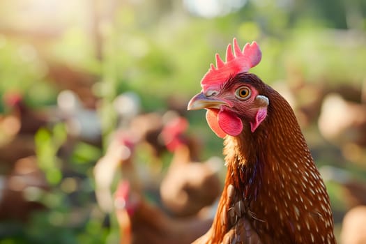 Portrait of hen on the chicken farm, closeup with bokeh. Neural network generated image. Not based on any actual person or scene.