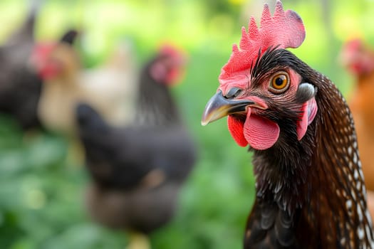 Portrait of hen on the chicken farm, closeup with bokeh. Neural network generated image. Not based on any actual person or scene.