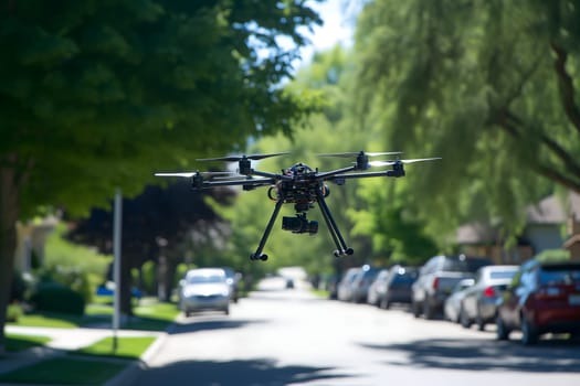 copter drone flying low over street at summer day, closeup. Neural network generated image. Not based on any actual scene or pattern.