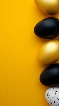 Golden, black, white Easter eggs on a yellow-black background. geometry. Minimal concept. View from above. Neural network generated image. Not based on any actual scene or pattern.