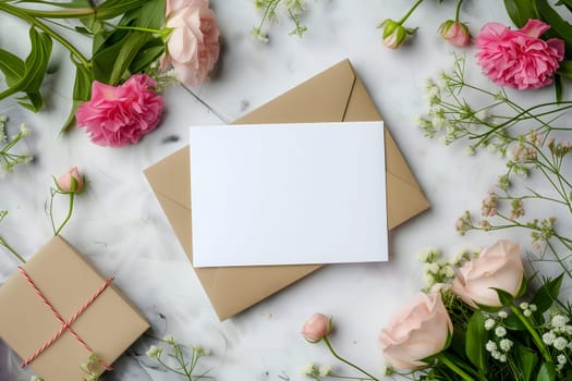 White greeting card with flowers mock up high angle view directly above decoration. Neural network generated image. Not based on any actual scene or pattern.