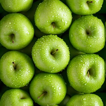 Seamless texture and background of green apples pile with high angle view. Neural network generated image. Not based on any actual scene or pattern.