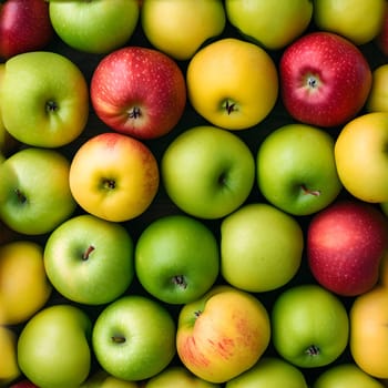 Seamless texture and background of different color apples pile with high angle view. Neural network generated image. Not based on any actual scene or pattern.