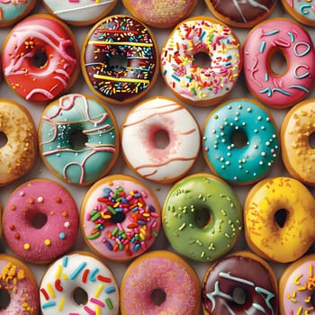 Seamless texture and pattern of colorful glazed doughnuts with high angle view. Neural network generated image. Not based on any actual scene or pattern.