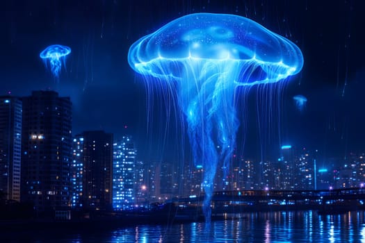 Glowing blue jellyfish UFO over night city. Neural network generated image. Not based on any actual scene or pattern.