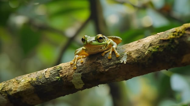 A frog resting on a tree branch in dense jungles. Neural network generated image. Not based on any actual scene or pattern.