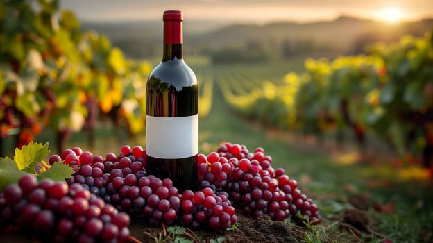 A red wine bottle in front of a landscape of grape farmland. Neural network generated image. Not based on any actual scene or pattern.