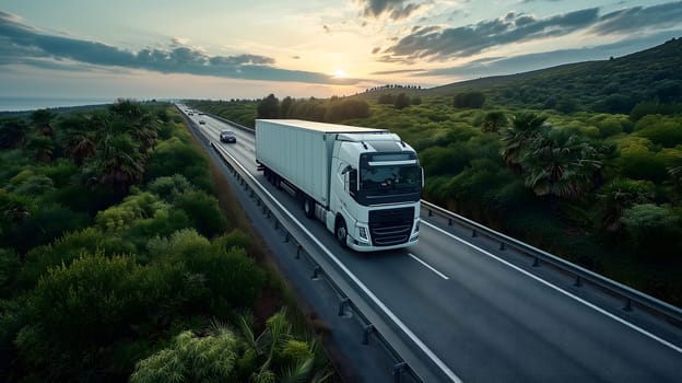 White European semitruck is seen from the sky on a highway backed by vegetation. Neural network generated image. Not based on any actual scene or pattern.