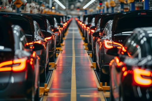 Black cars on the conveyor in factory during leas stages of manufacturing. Neural network generated image. Not based on any actual scene or pattern.