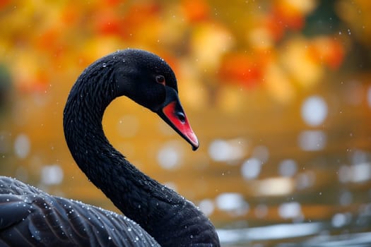 Black swan on water surface, close up. Neural network generated image. Not based on any actual scene or pattern.