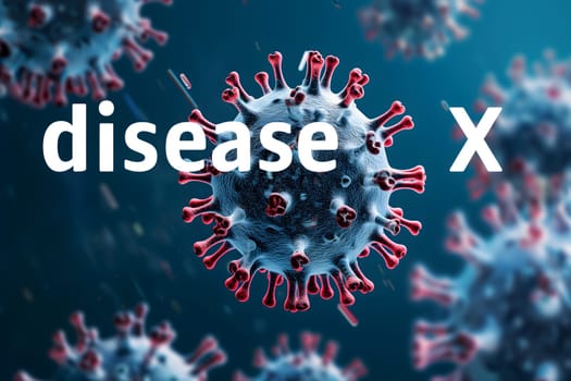 Disease X conceptual composition with coronaviruses for new pandemic topic. Neural network generated image. Not based on any actual scene or pattern.