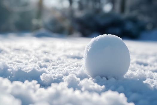 Snowball on snow covered ground at sunny winter day for snow ball effect concept. Neural network generated image. Not based on any actual scene or pattern.