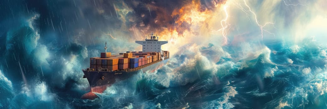A massive cargo ship battles against fierce waves and turbulent winds in the midst of a powerful storm on the open ocean.