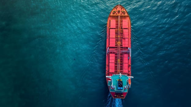 Cargo ship full of standard shipping containers at the sea during shipping at day time. Neural network generated image. Not based on any actual scene or pattern.