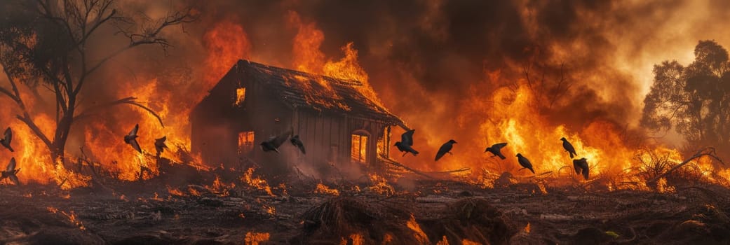 A photo capturing the intense scene of a house ablaze, surrounded by birds soaring in the air.