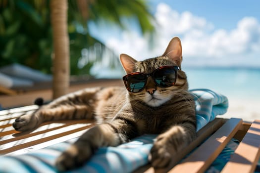 tabby cat with sunglasses laid on tropical beach, vacation theme. Neural network generated image. Not based on any actual person or scene.