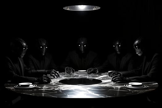 Group of reptile men in business suits sitting at the table in dark room, secret world government concept. Neural network generated image. Not based on any actual scene or pattern.