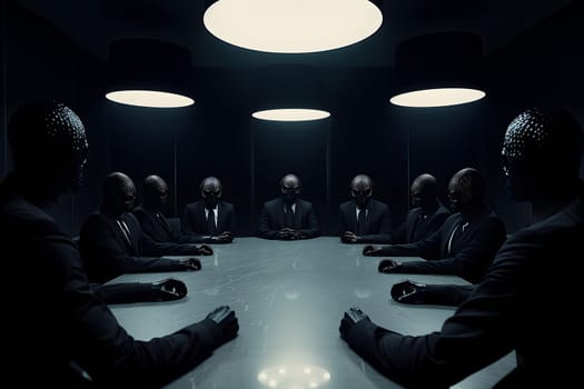 Group of reptile men in business suits sitting at the table in dark room, secret world government concept. Neural network generated image. Not based on any actual scene or pattern.