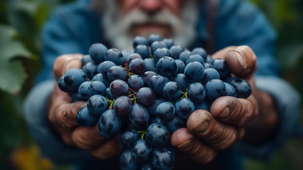 Close-up shot of weathered farmer hands gently harvesting ripe grapes in a sunlit vineyard. Neural network generated image. Not based on any actual scene or pattern.