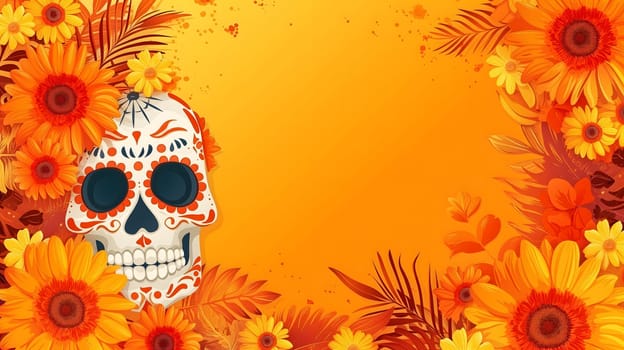 Dia De Los Muertos or Day of the Dead Celebration Banner background with sculls and yellow flowers. Not based on any actual person, scene or pattern.