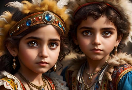 Beautiful gypsy children in elegant gypsy costumes .AI generated image.