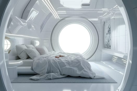 futuristic clean white space station style interior of bedroom. Neural network generated image. Not based on any actual scene or pattern.