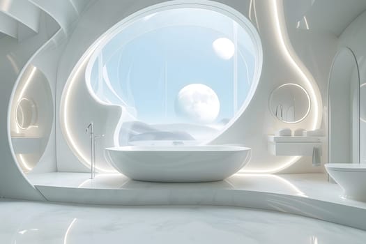 futuristic clean white space station style interior of bathroom. Neural network generated image. Not based on any actual scene or pattern.