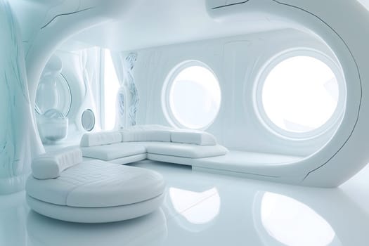 futuristic clean white space station style interior of living room. Neural network generated image. Not based on any actual scene or pattern.